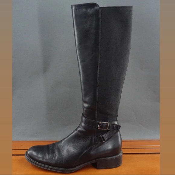 Aquatalia Shoes Black Leather Pull On Zip Knee High Boots - Picture 5 of 13
